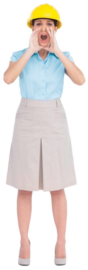Businesswoman in Hard Hat Shouting on Transparent Background
