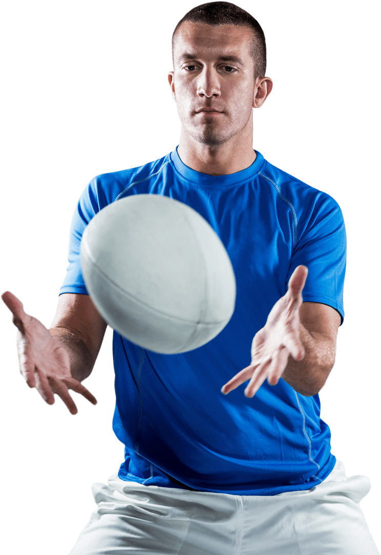 Focused Rugby Player Catching Ball on White Transparent Background