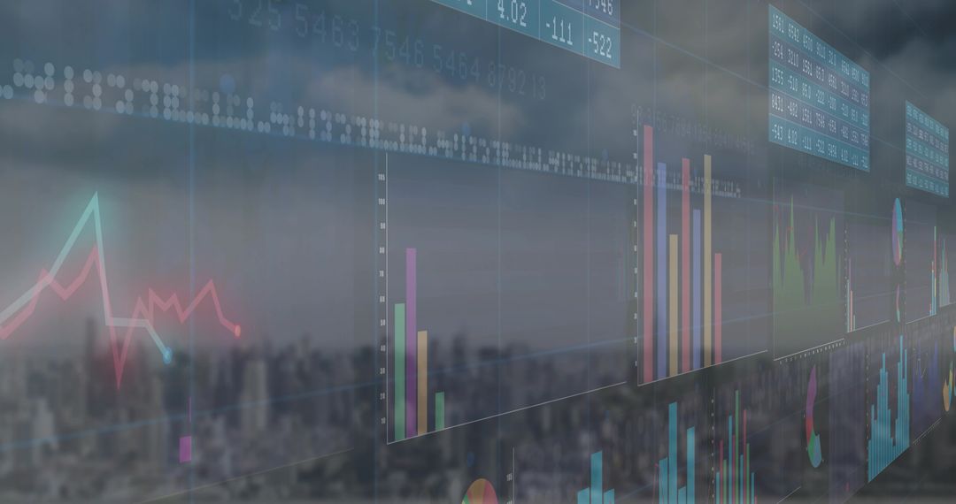 Digital Financial Charts and Tickers Over Cityscape