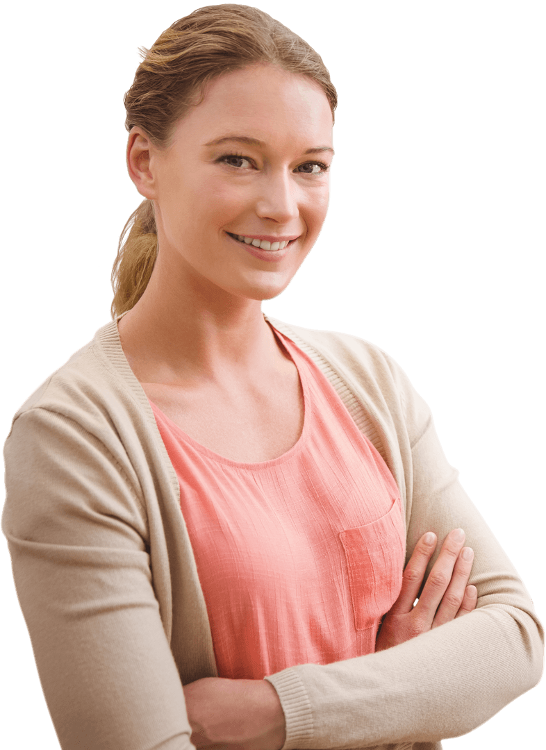 Confident Caucasian Woman Smiling with Arms Crossed Transparent