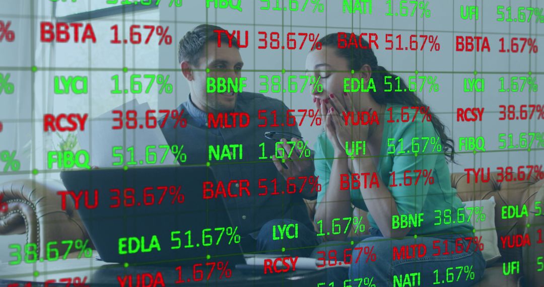 Excited Caucasian Couple with Digital Financial Data Overlay