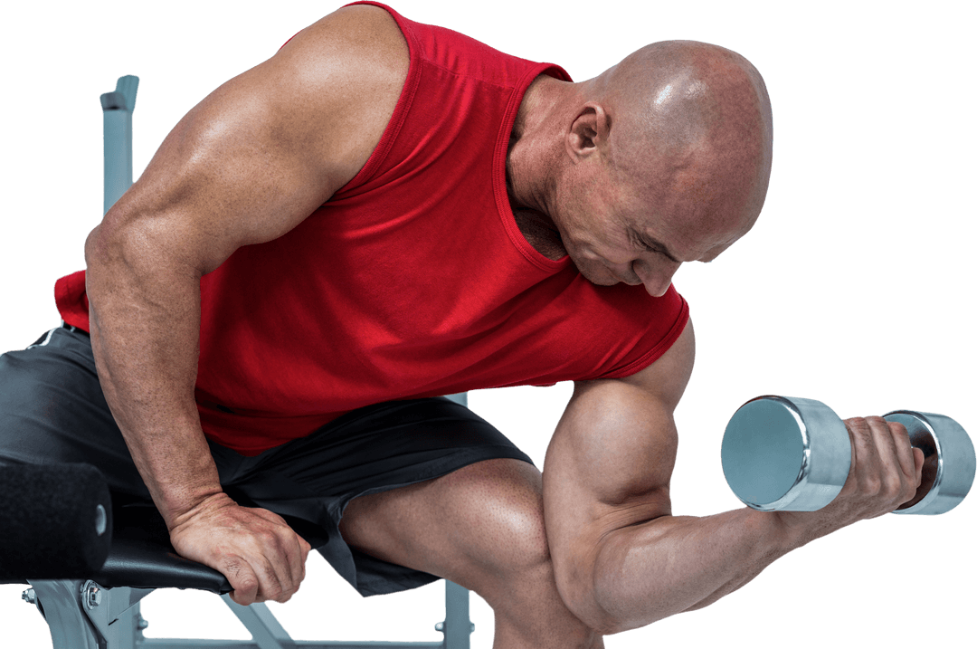 Transparent Bald Man Lifting Dumbbell in Red Tank Top