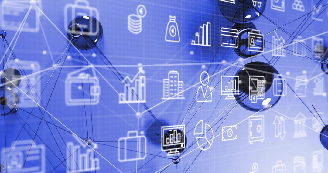 Glossy Network Orbs Connecting Business Data Icons on Blue Digital Analytics Grid