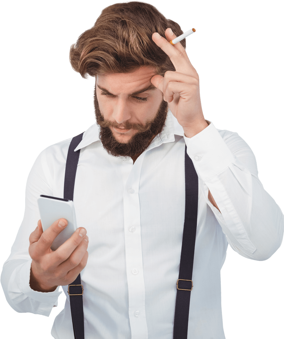 Bearded Hipster Looking at Smartphone with Cigarette Transparent Design