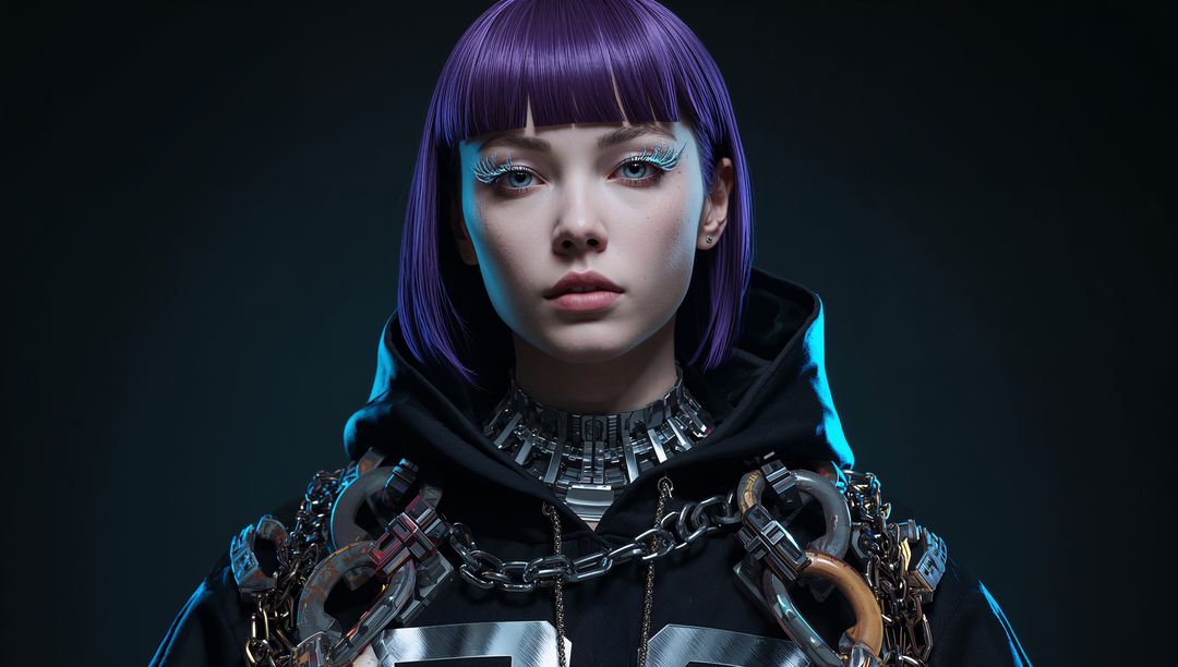 Posing Model Wearing Purple Bob, White Lashes and Heavy Chains Cyberpunk Portrait
