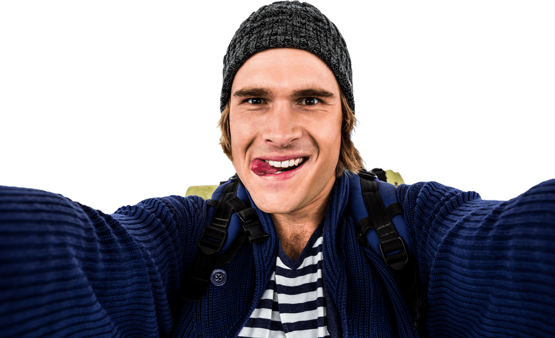 Playful Backpacker Grimacing on Transparent Background