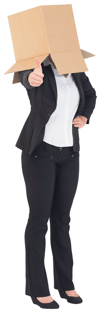 Businesswoman Wearing Box on Head Displaying Positive Gesture Indoors