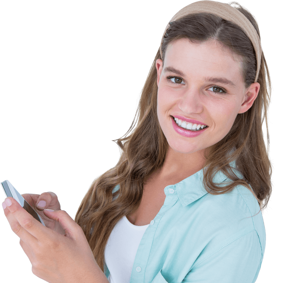 Smiling Woman Using Smartphone against Transparent Background