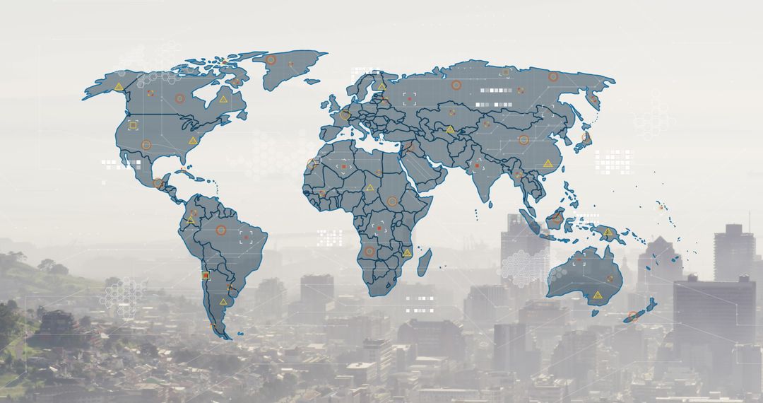 World Map Financial Data Over Cityscape