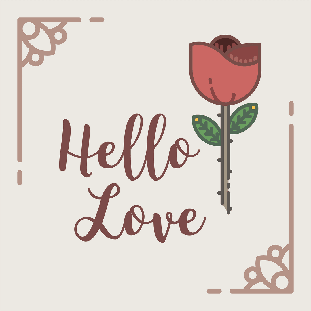 Hello Love Card with Rose on Transparent Background