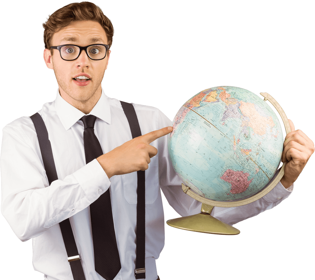 Geeky Businessman Pointing at World Globe with Transparent Background