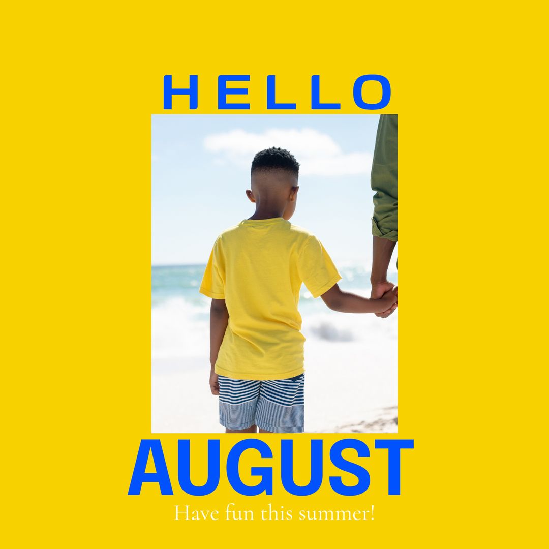 Child Holding Parent's Hand on Beach with August Greeting