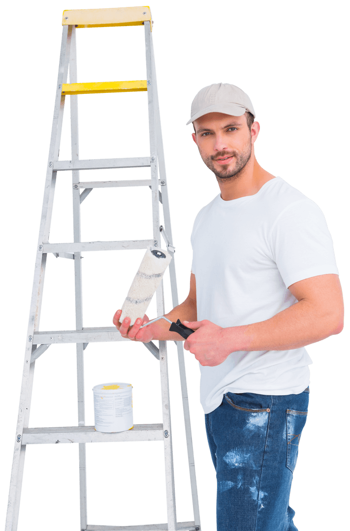 Confident Painter Holding Roller with Transparent Step Ladder Background