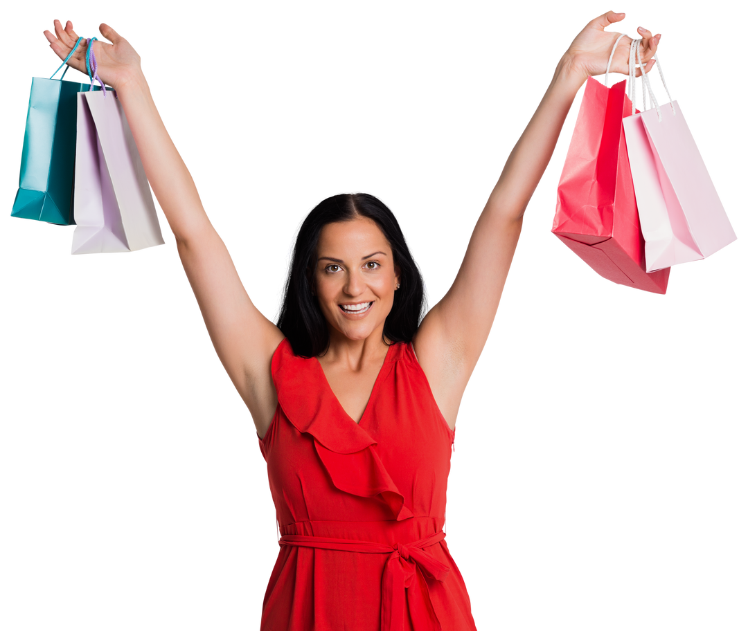 Excited Woman Standing with colorful shopping bags and Smiling Transparent Background - Download Free Stock Images Pikwizard.com