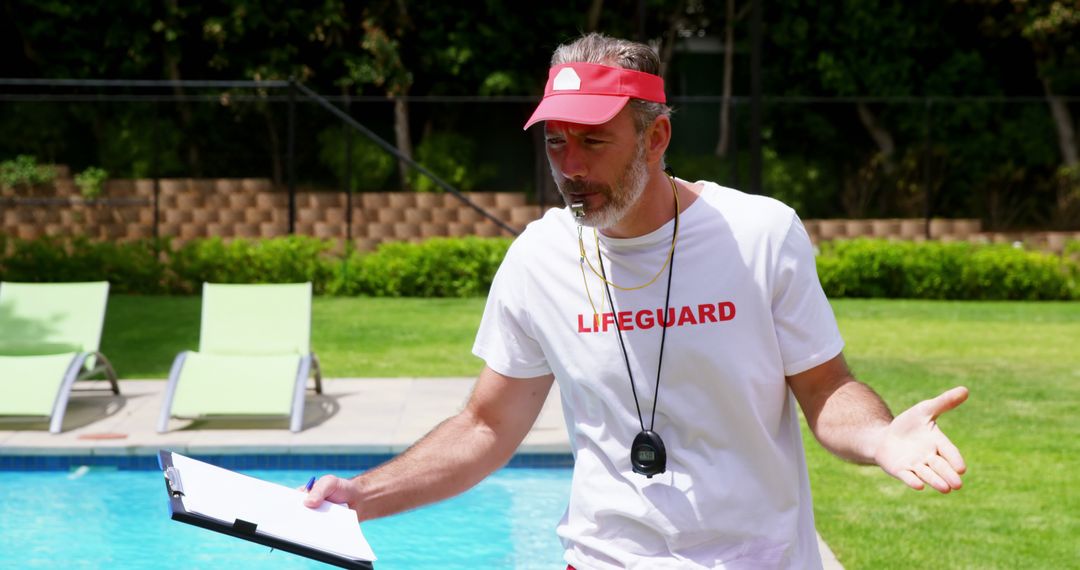 Senior Lifeguard Monitoring Activities at Poolside - Free Images, Stock Photos and Pictures on Pikwizard.com