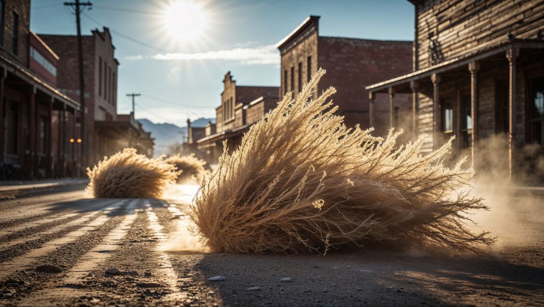 Tumbleweed rolling through abandoned western ghost town
