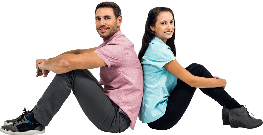 Couple Sitting Back to Back in Relaxed Pose on Transparent Background