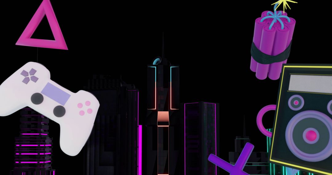 Futuristic Game Icons Over Neon Cityscape