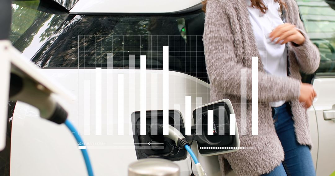 Woman Charging Electric Car with Statistics Displayed