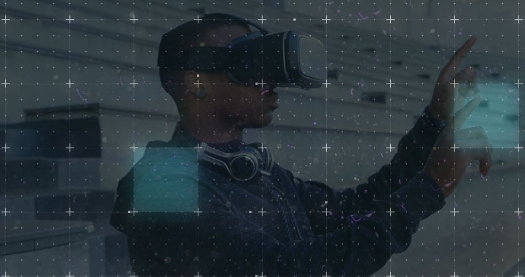 Man Using Virtual Reality Headset with Futuristic Grid Overlay