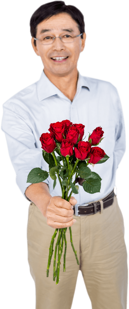 Joyful Elderly Asian Man Offering Transparent Red Roses With a Smile