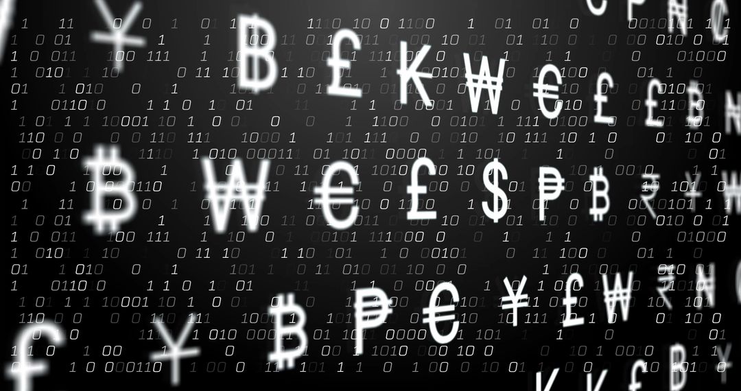 Blurry Currency Symbols Over Binary Code Dark Background