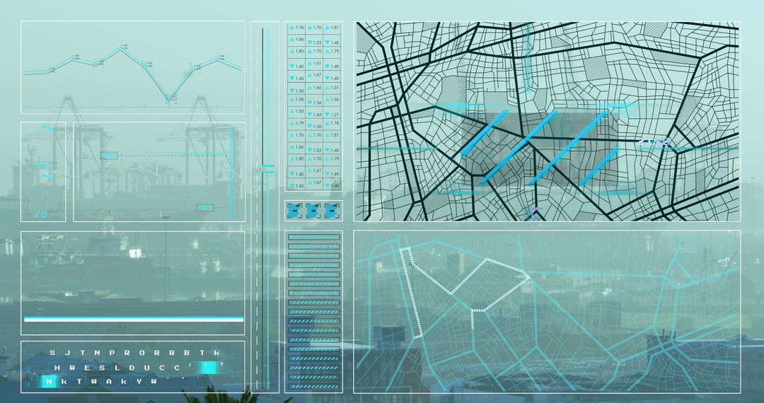 Futuristic Data Processing Interface Over City Aerial View