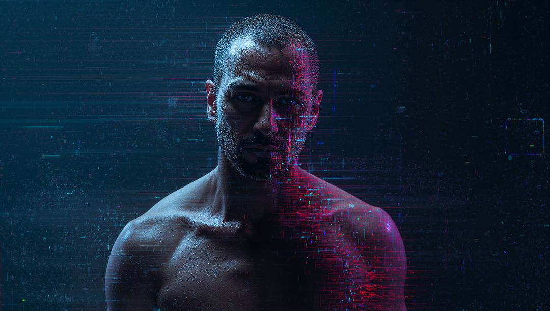 Futuristic Man with Glitch Effects in Neon Lighting