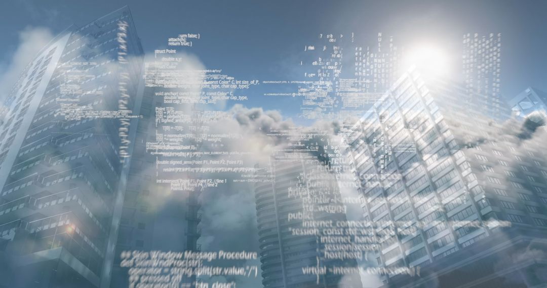 Digital Data Streams Overlaying Modern Cityscape