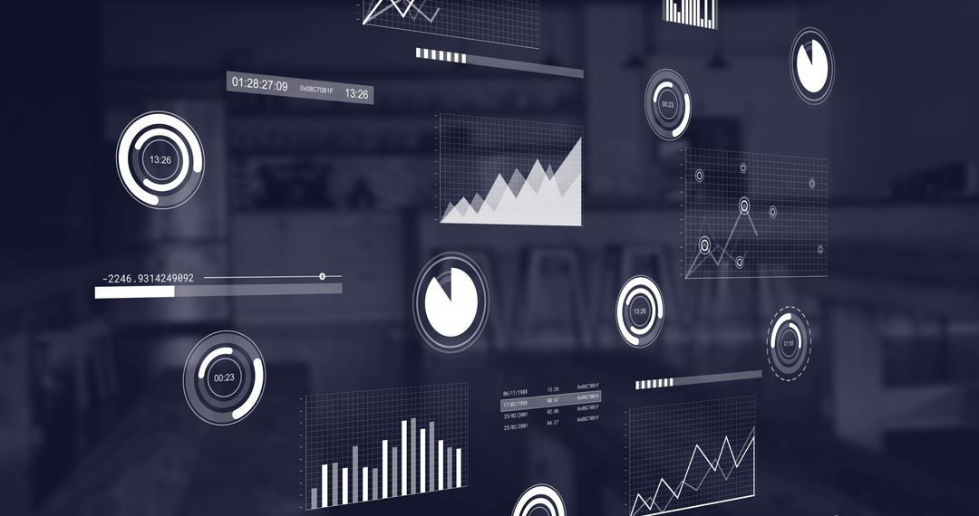 Digital Graphs Overlaying Empty Coffee Shop for Business Analytics