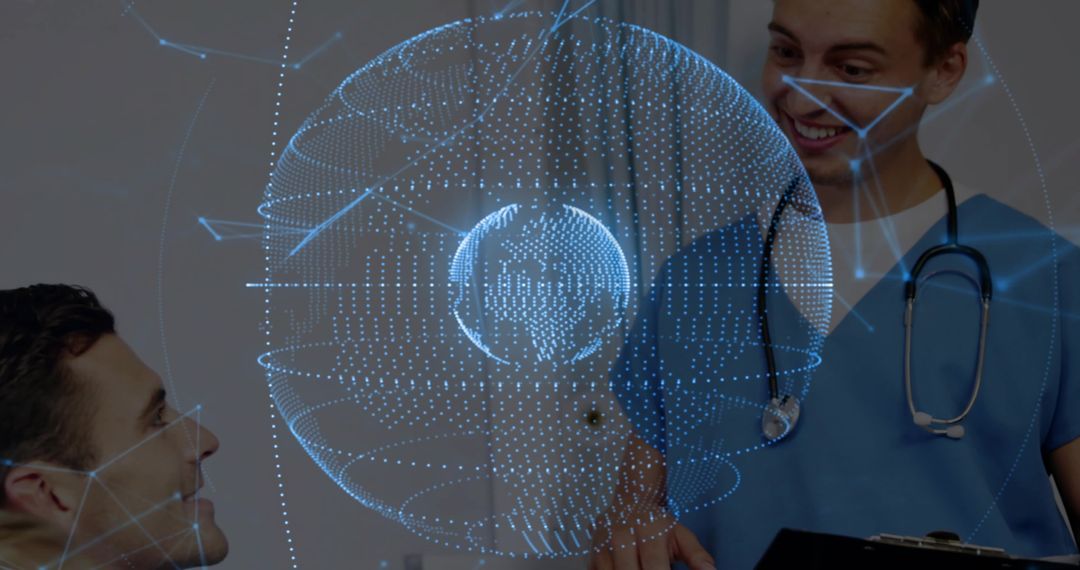 Doctor presenting holographic globe during telehealth consultation with patient and tablet