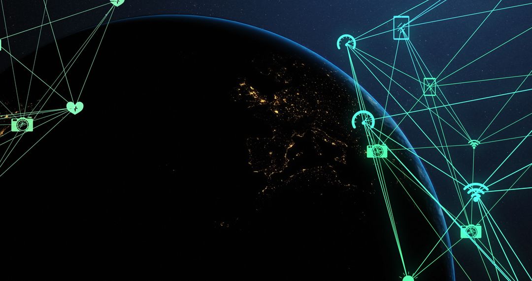 Global Data Network Connections Illuminating at Night