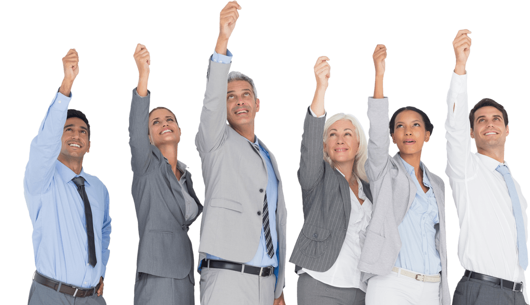 Transparent Cheerful Business Team Raising Hands in Succession