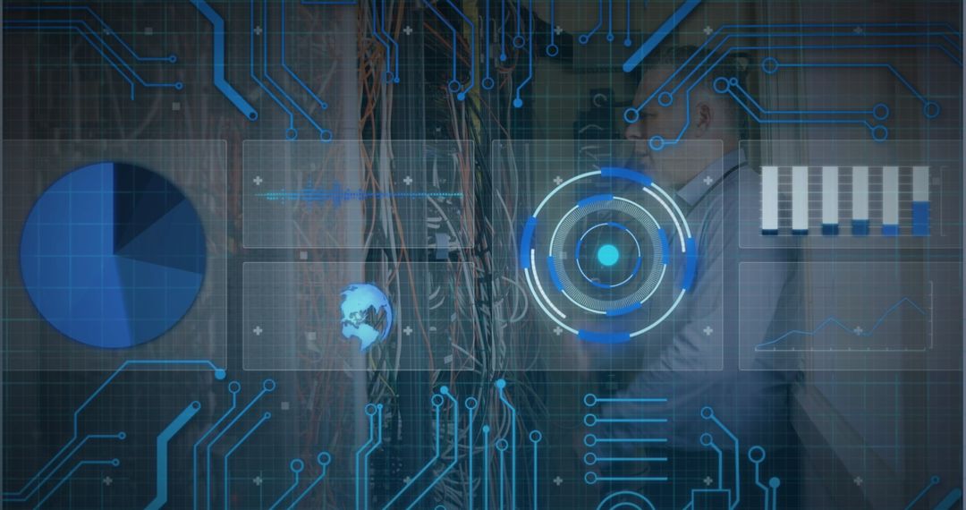 IT Technician Analyzing Data on Digital Interface Screens