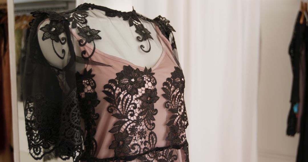Close up of a black lace dress with pink underlay displayed on a mannequin in a fashion boutique - Free Images, Stock Photos and Pictures on Pikwizard.com