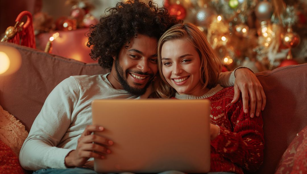 Smiling Couple Browsing Laptop Together During Christmas