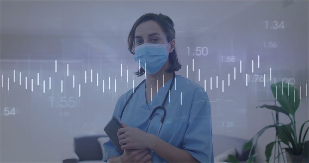 Nurse with Tablet in Hospital Lobby Amid Digital Overlay