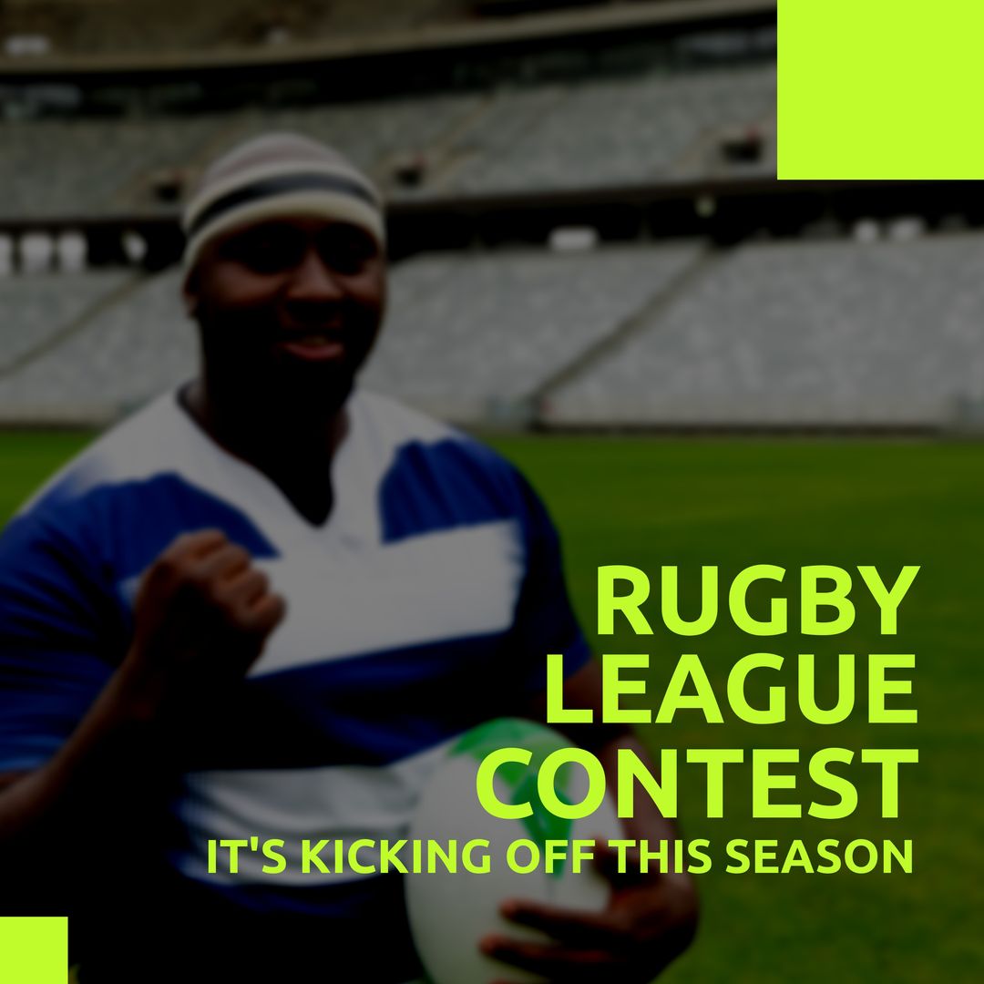 Composition of rugby league contest text over african american male rugby player at stadium - Download Free Stock Templates Pikwizard.com