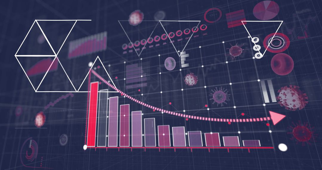 Declining Data Bars and Virus Icons on Futuristic Dashboard
