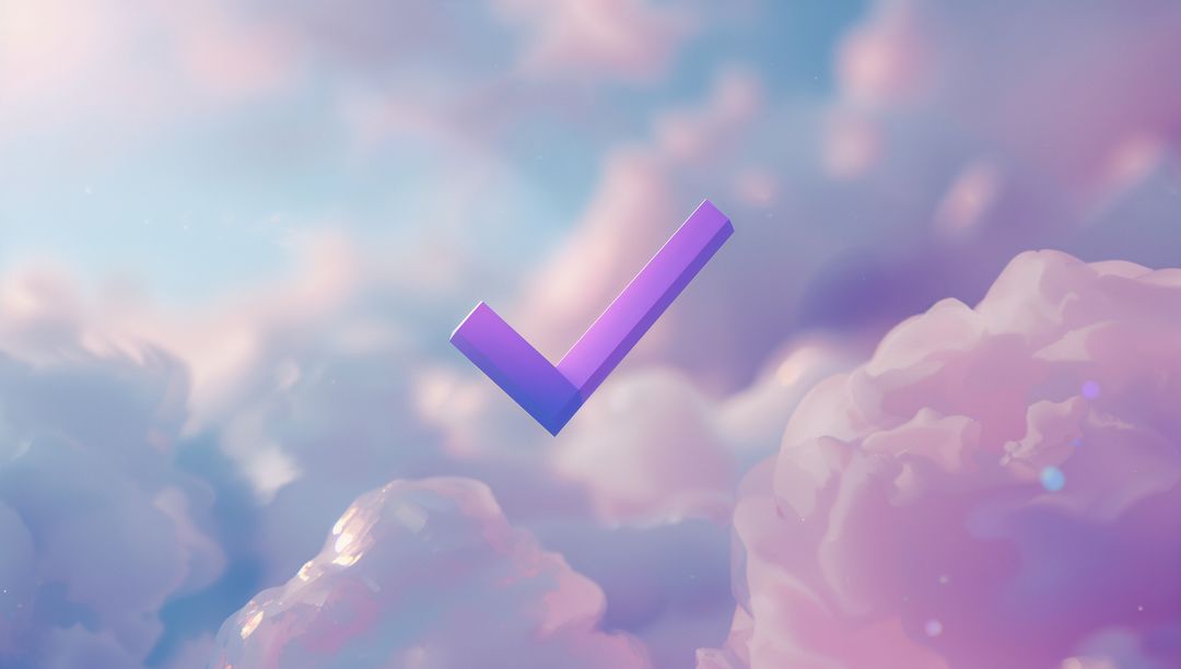 Gradient 3D Checkmark Floating in Pastel Cloudscape Sky