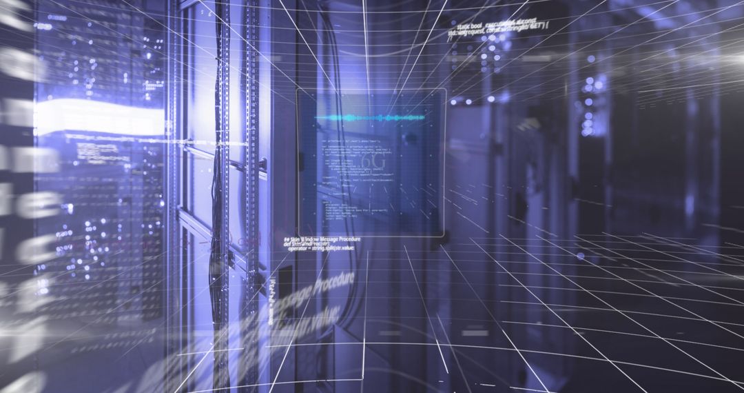 Futuristic Data Network in a Server Room with Digital Overlay