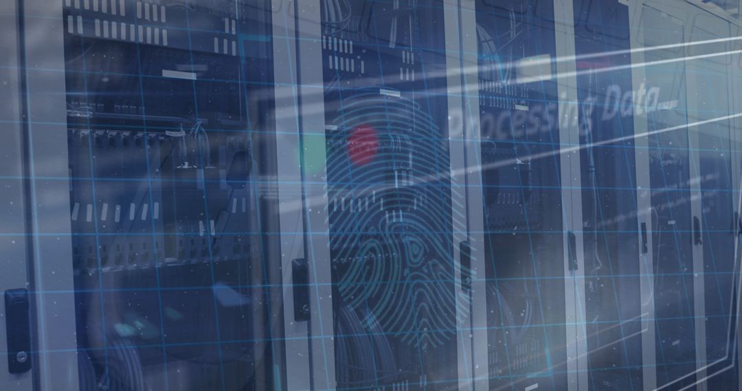 Biometric Fingerprint and Data Processing Overlay on Server Racks