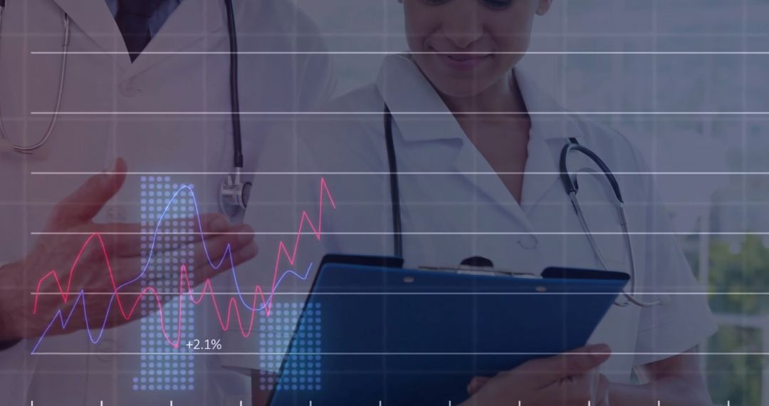 Doctors Analyzing Data with Medical Statistics Overlay