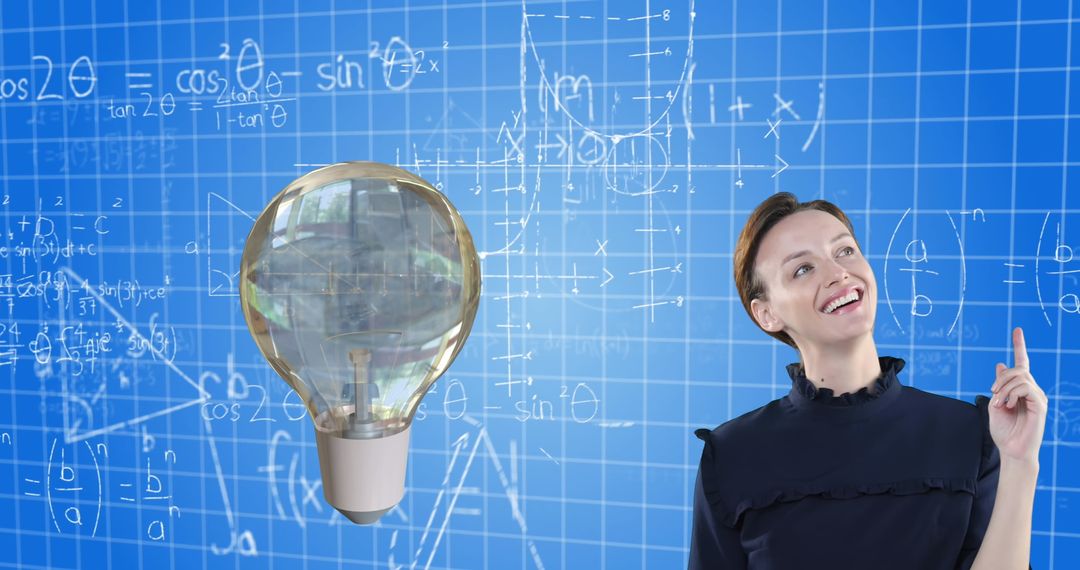Businesswoman Thinking Amidst Mathematical Formulas and Lightbulb Symbol