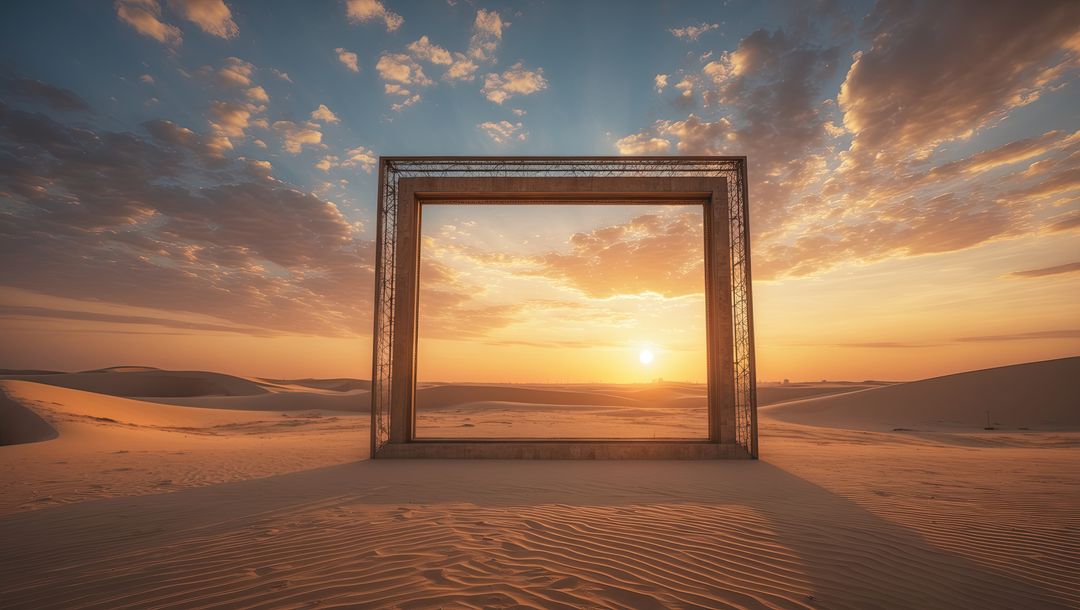 Sunset View Through Artistic Metal Frame in Desert Landscape