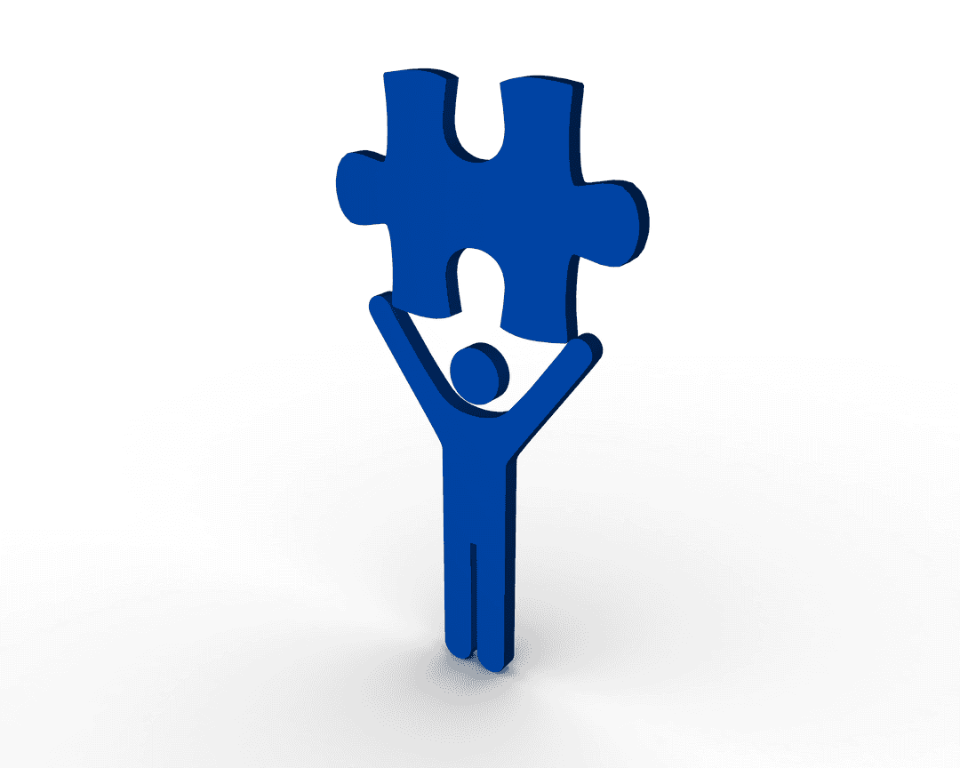 Blue Figure Holding Puzzle Piece on Transparent Background