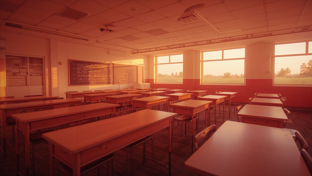 Empty Classroom at Sunset with Desks and Chalkboard