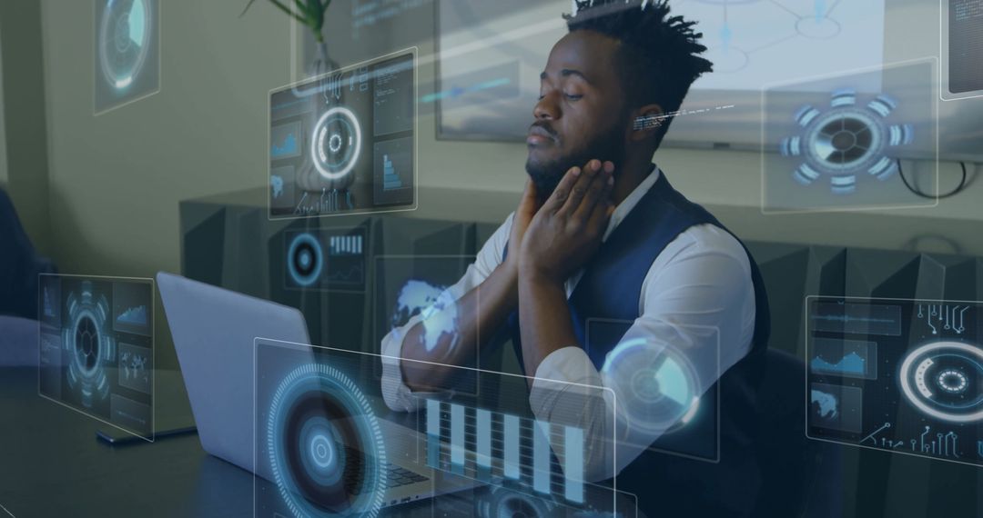 Professional Analyzing Holographic Data in Futuristic Office