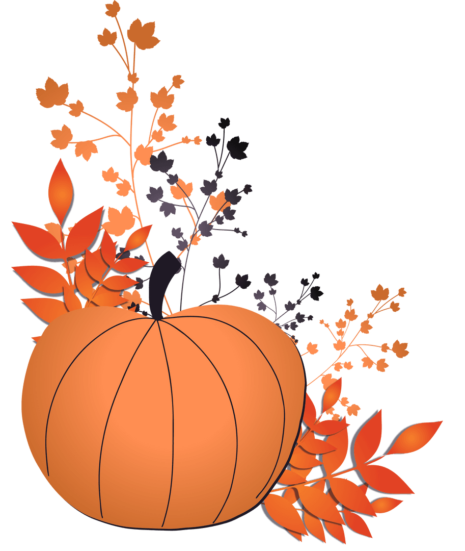 Transparent Flat Design Orange Pumpkin with Floral Branches