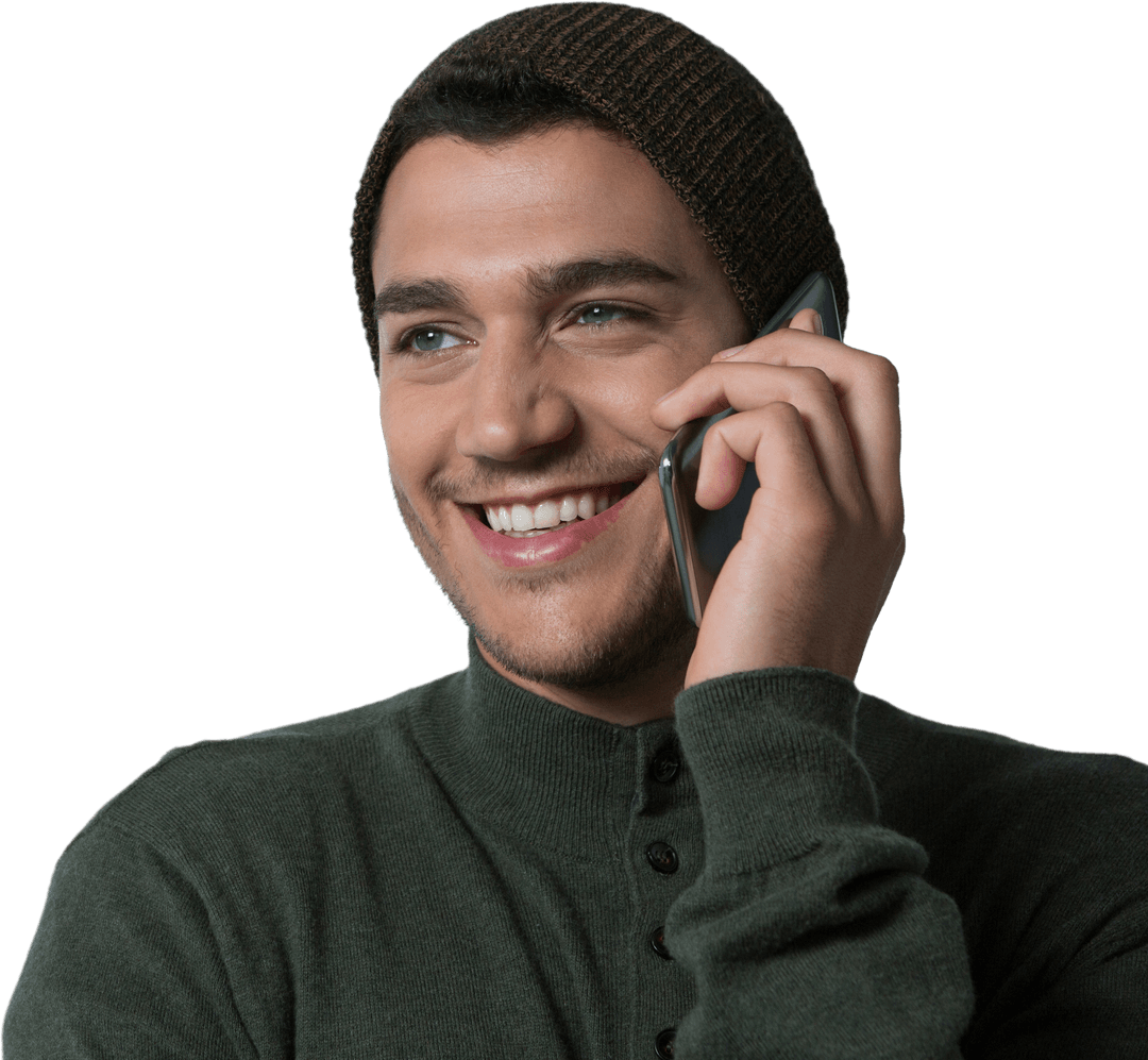Happy Young Man Talking on Mobile Phone on Transparent Background